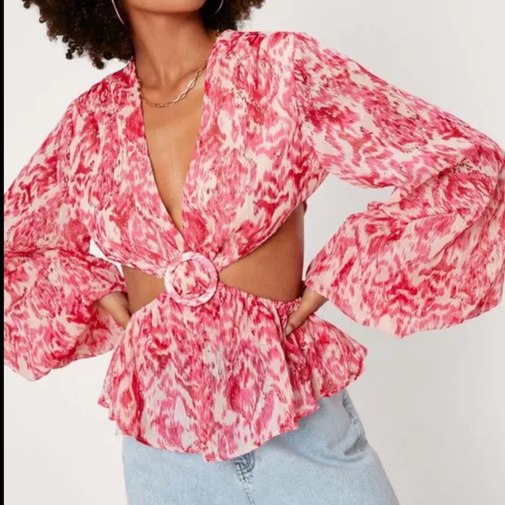 Nasty Gal Abstract Print Cut Out Long Sleeve Blouse